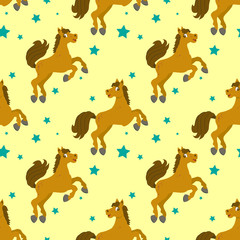 Seamless pattern with cartoon style horse and stars.