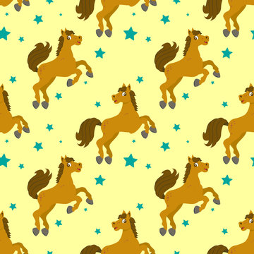 Seamless pattern with cartoon style horse and stars. © sergeygerasimov