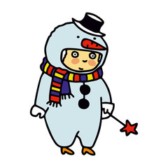 Children in Christmas costumes. Snowman. Cheerful children celebrate Christmas and winter holidays. Christmas. Cartoon New Year's holiday costume.