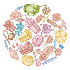Round floral design with pastel cinnamon, macaron, lollipop, bar, candies, oranges, buns and bread, croissants and bread, strawberry, milk boxes, smoothie cup, lollipop, smothie jars, cheesecake