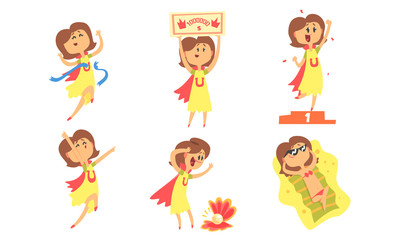 Collection of Happy Lucky Girl Cartoon Character Taking Part and Winning in Lottery or Quiz Show Vector Illustration