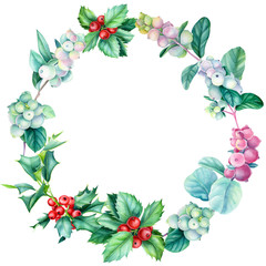 Christmas wreath of Holly branch and snowberries on an isolated white background. Watercolor illustration. Christmas greeting card. 