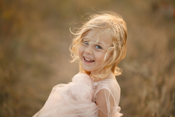 Portrait of a beautiful little princess girl in a pink dress. Posing in a field at sunset © Kate