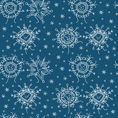 Background with snowflakes. Christmas pattern with white snowflakes on a blue background. Vector seamless texture with snowflakes for New Year and Christmas theme.