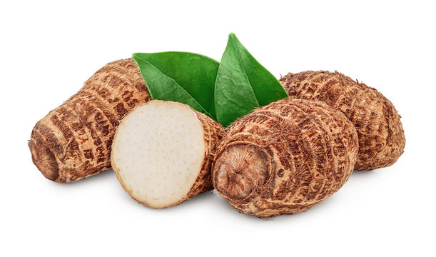 fresh taro root with half and leaf isolated on white background