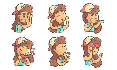 Cute Teenage Girl with Different Facial Expressions Set Vector Illustration