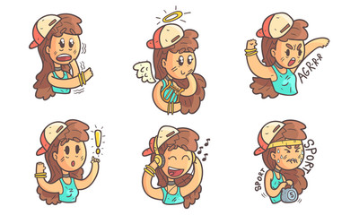 Cute Girl in Baseball Cap Showing Various Emotions Set Vector Illustration