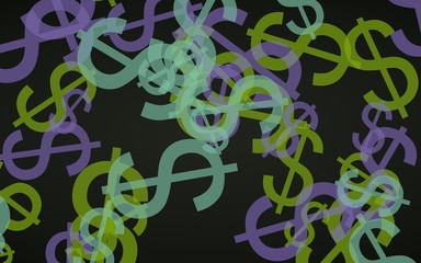 Multicolored translucent dollar signs on dark background. Green tones. 3D illustration