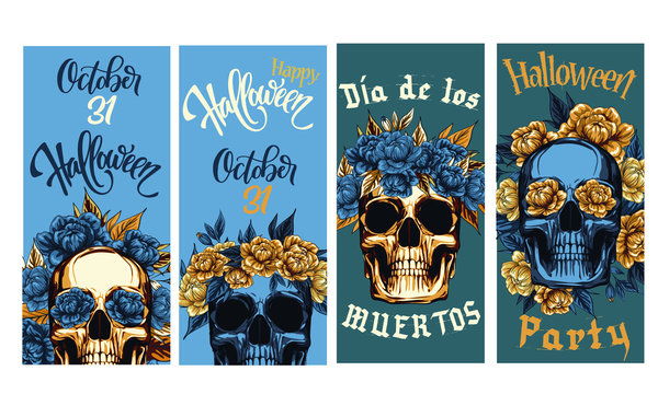 Halloween party banner, Metal Skull with  floral Golden Roses wreath, Vector illustration of Day of the Dead Dia De Muertos in Spanish Language for celebration concept poster banner design. skull, 
