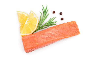 Slice of red fish salmon with rosemary and lemon isolated on white background. Top view. Flat lay