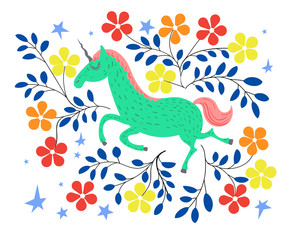 Pattern with cartoon style horse unicorn and flowers. Use it for design card, background, or print for ads on the theme. Vector illustration.