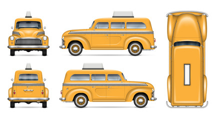 Retro taxi cab vector mockup on white background for vehicle branding, corporate identity and advertisement. View from side, front, back, and top, easy editing and recolor - obrazy, fototapety, plakaty