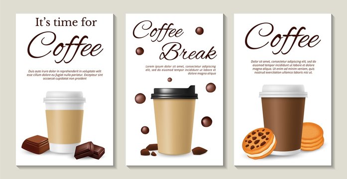 Coffee Posters. Realistic Vector Coffee Take Away Cookies And Chocolate. Coffee Espresso To Breakfast, Hot Cup Cappuccino Menu Illustration