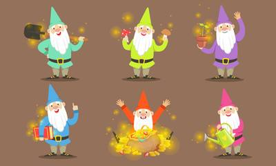 Happy Gnomes Set, Bearded Gnomes Characters with Tools for Getting Gold, Crystals and Precious Stones Vector Illustration