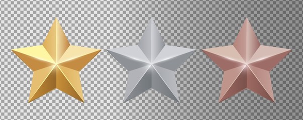 Metal stars. Realistic gold silver bronze stars vector set. Gold star award, golden, silver and bronze illustration