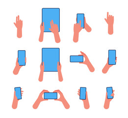 Phone hand. Hold smartphones and tablets pointing on touch screen vector flat hands illustrations. Smartphone screen and tablet touch finger