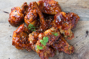 Delicious Home style Korean fried chicken with spicy sauce.