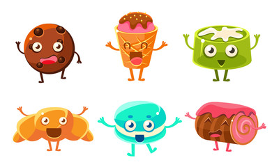 Funny Desserts Cartoon Characters Set, Croissant, Cupcake, Roll Cake, Jelly, Cookie, Ice Cream Vector Illustration