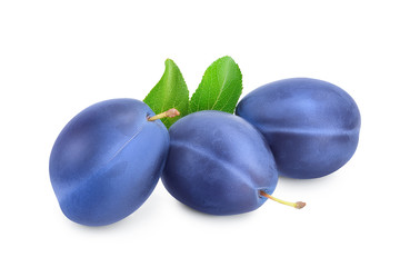 fresh blue plum with leaves isolated on white background