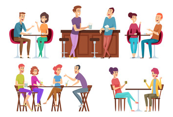 Friends meeting cafe. Restaurant dinner happy people group eating and joking talking and smiling friends vector. Illustration people together, talking and sitting