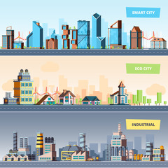 Urban landscape. Industrial smart and eco city modern buildings air pollution vector flat banners. Illustration ecological town and downtown industry building, smart city panorama