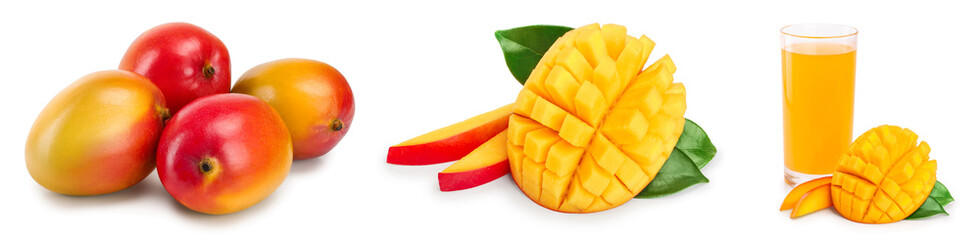 Mango fruit half with leaves and slices isolated on white background close-up. Set or collection