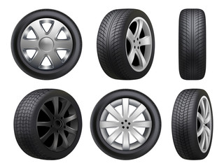 Wheels realistic. Tyres road maintenance vector automobile 3d automobile items collection. Auto wheel tyre, equipment item for car, realistic black rubber tyre illustration