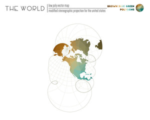 Polygonal world map. Modified stereographic projection for the United States of the world. Brown Blue Green colored polygons. Neat vector illustration.