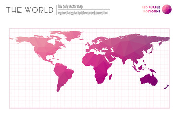 Abstract geometric world map. Equirectangular (plate carree) projection of the world. Red Purple colored polygons. Neat vector illustration.