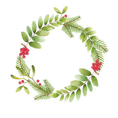 Christmas frame with spruce branches and berries.