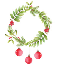 Christmas frame with spruce branches, Christmas balls and berries.