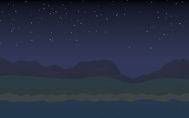 Fototapeta premium Starry moonless sky. Ocean shore line with waves on a beach. Island beach paradise with waves. Vacation, summer, relaxation. Seascape, seashore. Minimalist landscape, primitivism. 3D illustration