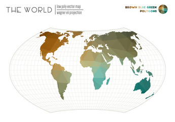 Low poly world map. Wagner VII projection of the world. Brown Blue Green colored polygons. Neat vector illustration.