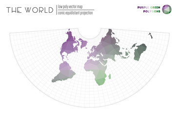 Vector map of the world. Conic equidistant projection of the world. Purple Green colored polygons. Neat vector illustration.