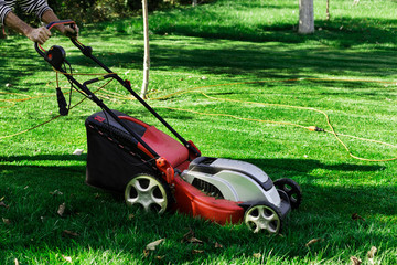Gardener by electric lawn mower cutting green grass in the garden. Garden meadow lawn cutting....