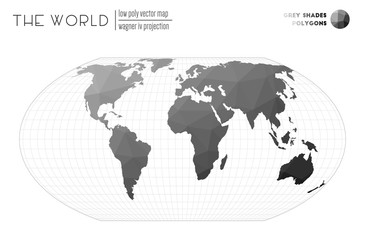Polygonal map of the world. Wagner IV projection of the world. Grey shades colored polygons. Neat vector illustration.