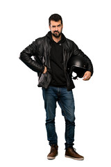 Naklejka premium Full-length shot of Biker man angry over isolated white background