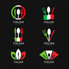 Italian food icons. Italian flag symbols Spoon fork and knife icons