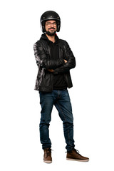 Full-length shot of Biker man with glasses and happy over isolated white background
