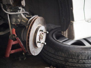 Brake disc system without wheel in the vehicle for repair. Automotive repair shops.