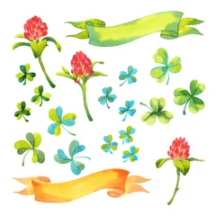 Foto op Plexiglas Vector set of watercolor isolated elements: ribbons, clover flowers and .shamrocks © Evgeniia Zagreeva