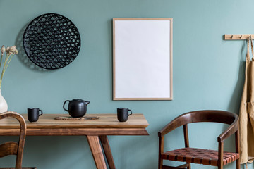 Stylish scandinavian dining room interior with mock up poster frame, wooden table, furniture, teapot with cups, black decoration and elegant accessories. Ready to use. Template.  Modern home decor.