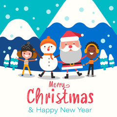 Merry Christmas! Happy Christmas companions. Santa Claus, Snowman, boy and girl in Christmas snow scene.