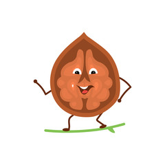 Funny cartoon character from a walnut, which stands on a surfboard.
