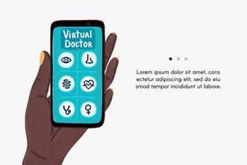 Virtual doctor. Mobile app. Smartphone in hand of African American woman. Medical assistance online. Healthcare. Medical examination. Video communication. Design for banner, landing page. Vector