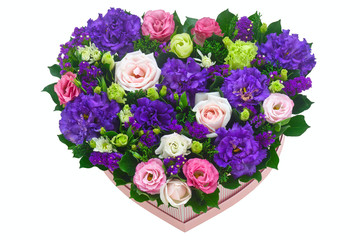 bouquet of roses and purple flowers isolated on white background