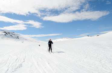 Fototapeta na wymiar Girl easter time skiing in norwegian mountains with dog