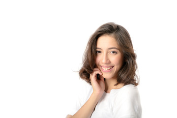 Beautiful Happy young woman smiling on white background, Isolated.