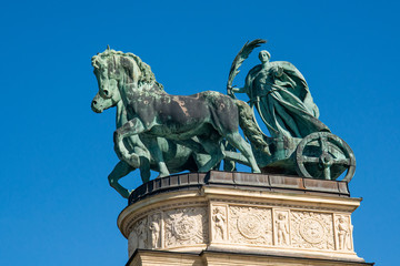 Fototapeta na wymiar Budapest, Hungary - October 01, 2019: Statue Chariot of Heroes at Hero's Square in Budapest