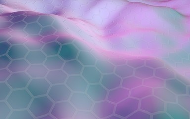 Colorful honeycomb with a gradient color on a light background. Perspective view on polygon look like honeycomb. Wavy surface. Isometric geometry. 3D illustration